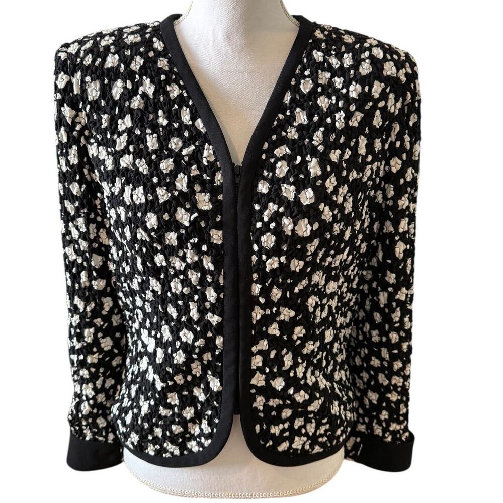 Rickie Freeman for Teri Jon Crinkle Silk Jacket Blazer Black White 12